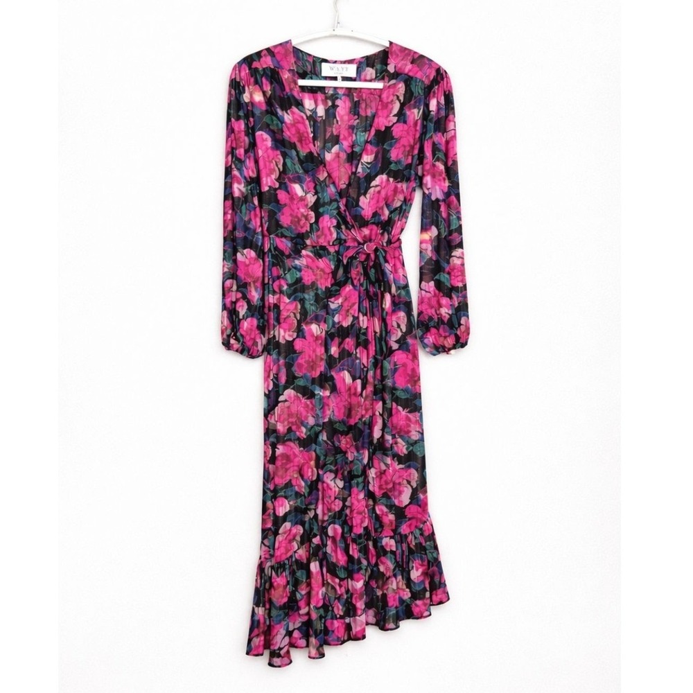 WAYF Floral Wrap Dress Large Pink Black Romantic Boho Midi Long Sleeve
